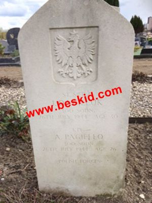 PAGIELLO Albrecht (Pagiela)
26 ans
Né 13.11.1917 Cieszyn (7 en PL)
Fils Edward (maçon) & Ewa Zebrok
Décès 26.07.1944  
Matricule P-794835
Polish Air Force
300ème Escadron
Sergent Pilote
16.05.1940 centre formation aéronautique polonais Lyon-Bron
Avro Lancaster PB252 - MK III - code M
décolla le 25.7.1944 Faldingworth (GB) à Stuttgart (D)
Collision avec un appareil à Lailly-en-Val (45)
Tombe 1-B-1/2 collective avec Danieluk Jan
Copyright photo Joseph Lokietek
Copyright Frania
