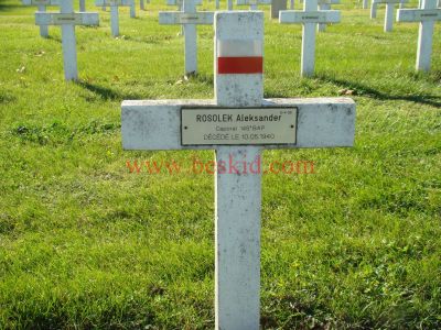 ROSOLEK Aleksander
33 ans
Né 06.09.1906
Décès 10.05.1940 Bron (69) 
Lors du bombardement de l'aéroport de Bron
Estampille 276/D
145ème Bataillon Aviation Polonaise
Caporal
Provenance Lyon-Guillotière 5/3-I-14
Inhumation 30.09.1957 - PV 2240
Carré D - Rang 4 - Tombe 30
Copyright Frania
